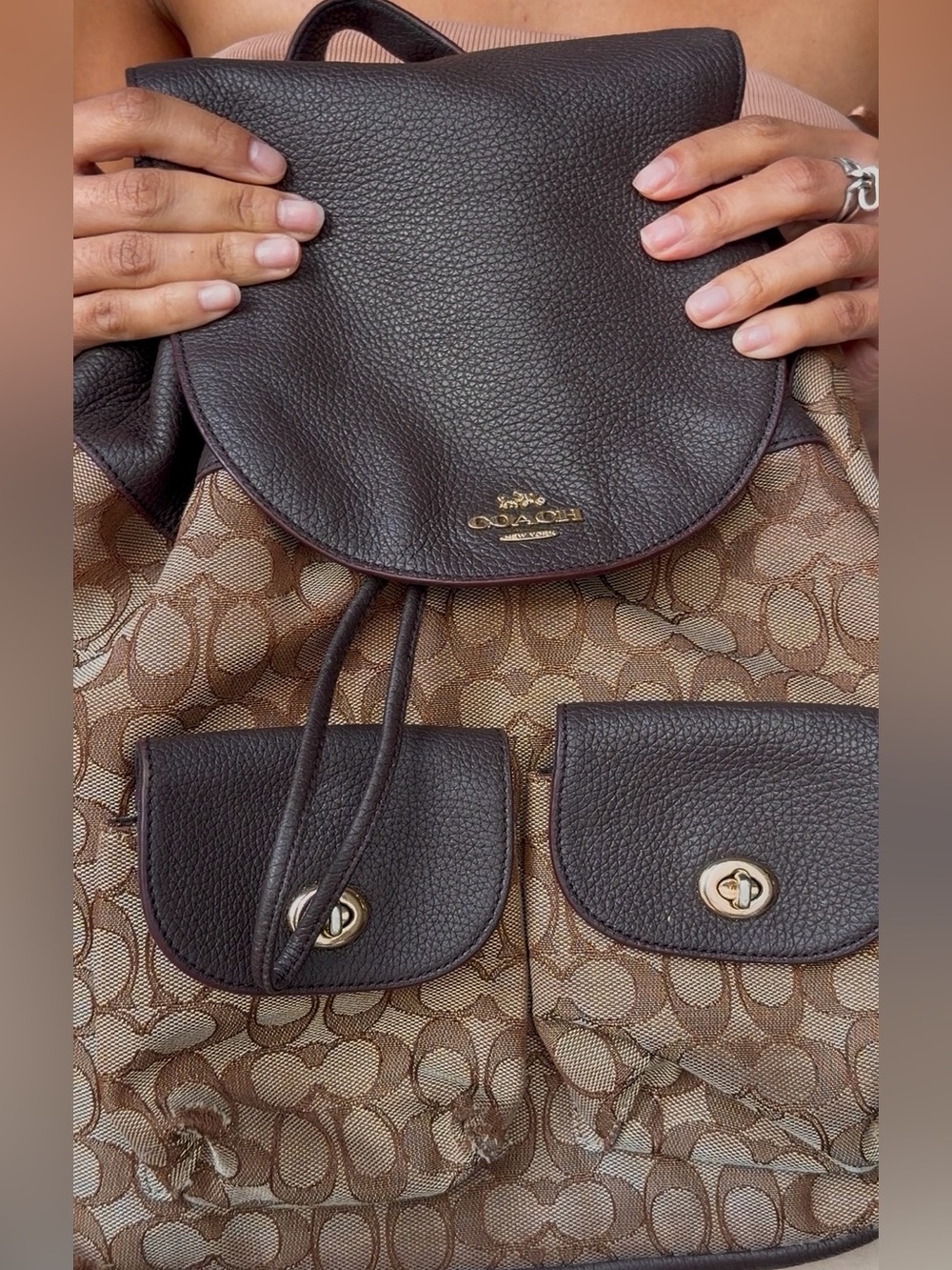Coach Brown Signature Canvas Backpack with Dark Brown Leather Trim